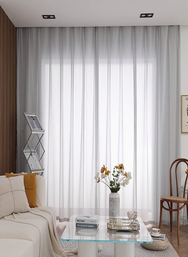 SUOUO Grey Chiffon Striped Semi Sheer Curtains for Living Room Light Filtering Solid Voile Window Drapes for Bedroom 2 Panels 84 inches Long Rod Pocket - Image 2